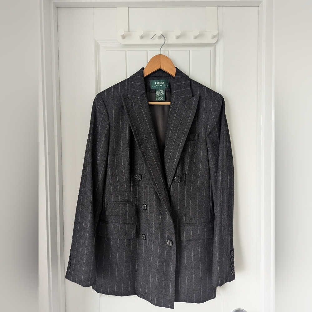 Ralph Lauren Grey Wool Pinstripe Double Breasted Blazer Size 8